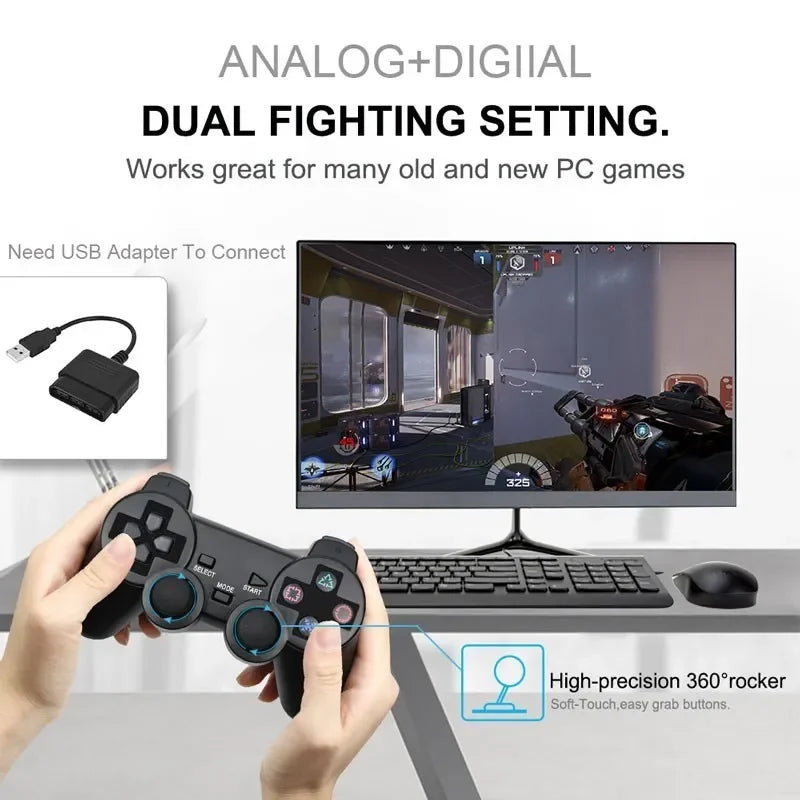 Controle Wireless 2.4G para PS2 com Vibração Dupla e Conexão USB para PC