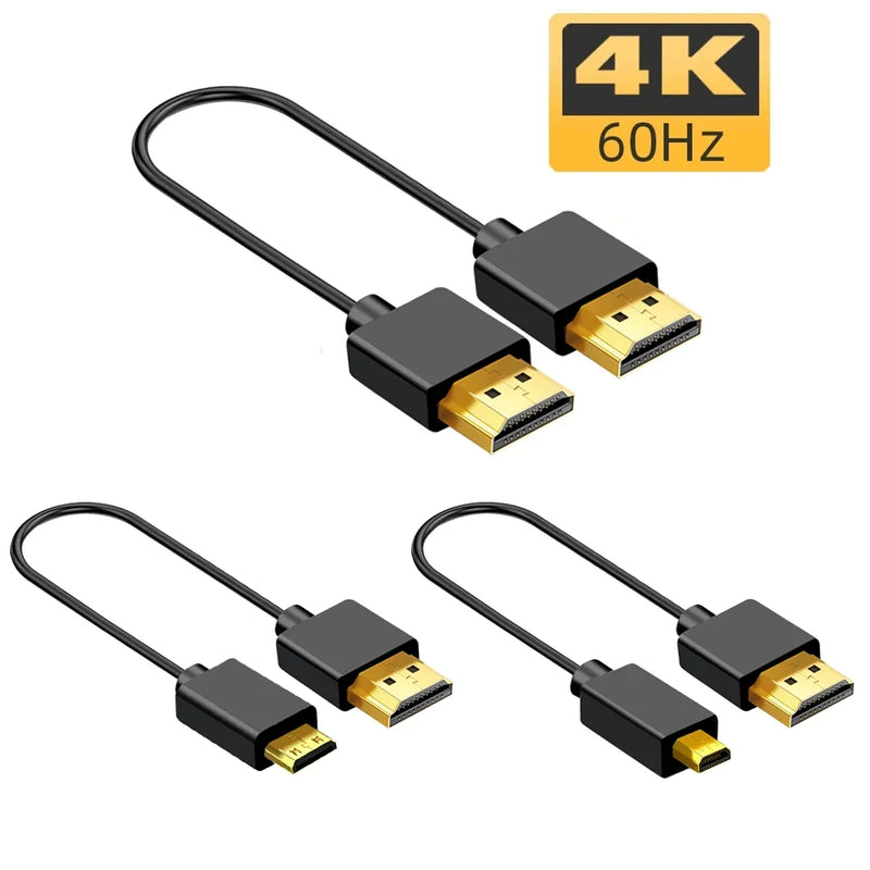 Cabo Portátil Slim Light HD 2.0 4K@60Hz 19+1 Núcleos Mini-HD/Micro-HD OD 3.2mm Ultra Fino para PC, PS4, Câmeras, Tablets, HDTV e Monitores.